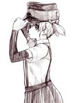  adjusting_clothes adjusting_hat arm_warmers commentary_request hair_ribbon hat kantai_collection keionism monochrome ooshio_(kantai_collection) peaked_cap pleated_skirt ribbon school_uniform shaded_face short_hair short_sleeves short_twintails skirt solo suspenders twintails 