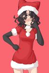  alternate_costume amagami black_gloves black_hair blush brown_eyes choker dress elbow_gloves fur_trim gloves guriko_(mossari) hand_on_hip hat highres long_hair looking_to_the_side messy_hair pink_background santa_costume santa_hat scratching_cheek short_dress simple_background solo tanamachi_kaoru 