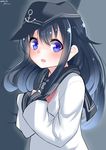  akatsuki_(kantai_collection) anchor_symbol bad_id bad_pixiv_id black_hair blue_eyes fang flat_cap folded_ponytail hat highres kantai_collection long_hair nebusoku open_mouth school_uniform serafuku solo 