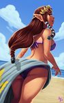  absurdres andre_parcesepe ass back beach bikini blue_sky breasts brown_hair cloud commentary day eyelashes forehead_jewel from_behind hair_ribbon hair_tubes highres long_hair low-tied_long_hair medium_breasts no_lineart ocean outdoors pointy_ears princess_zelda red_eyes revision ribbon sarong sideboob sidelocks sky smile solo swimsuit the_legend_of_zelda the_legend_of_zelda:_twilight_princess thighs tiara 