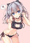  bell blue_eyes bra breasts cat_cutout cat_ear_panties cat_lingerie cleavage_cutout highres hisaka_hazara jingle_bell kantai_collection kashima_(kantai_collection) medium_breasts meme_attire navel panties paw_pose side-tie_panties silver_hair solo spoken_squiggle squiggle twintails underwear underwear_only wavy_hair 