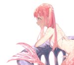  back bangs blue_eyes blurry blush breasts caustics depth_of_field jewelry long_ponytail medium_breasts mermaid monster_girl necklace open_mouth original pink_hair profile shell shell_bikini simple_background solo string_bikini twintails uni_(melm) white_background 