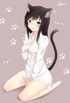  :o animal_ears barefoot black_eyes black_hair blush brown_background cat_ears collarbone covering covering_crotch dress_shirt fuu_(fuore) hand_on_own_chest highres ichijou_hotaru image_sample long_hair long_sleeves looking_at_viewer naked_shirt non_non_biyori open_mouth pixiv_sample seiza shirt simple_background sitting soles solo tail wariza wavy_mouth white_shirt 