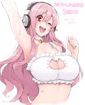  2016 ;d angelo_(gomahangetsu) arm_up armpits bell bell_choker blush breasts cat_cutout cat_lingerie character_name choker cleavage cleavage_cutout collar dated headphones highres jingle_bell large_breasts long_hair looking_at_viewer meme_attire nitroplus one_eye_closed open_mouth pink_eyes pink_hair simple_background sketch smile solo super_sonico underwear underwear_only wavy_hair white_background 