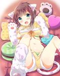  :d animal_ears breasts brown_hair cat_ears cat_paws cat_tail fang green_eyes heart heart_pillow idolmaster idolmaster_cinderella_girls kuriyuzu_kuryuu lying maekawa_miku medium_breasts on_back open_fly open_mouth paws pillow short_hair shorts smile solo tail 