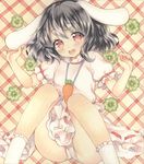  animal_ears black_hair bunny_ears carrot dress highres inaba_tewi jewelry knees_together_feet_apart looking_at_viewer marker_(medium) mugicha_(mugicha0929) necklace open_mouth panties pantyshot pantyshot_(sitting) pendant puffy_short_sleeves puffy_sleeves red_eyes short_sleeves sitting solo touhou traditional_media underwear white_dress white_panties 