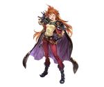  ;d black_footwear black_gloves boots cape earrings fang full_body gloves granblue_fantasy headband hoop_earrings jewelry lina_inverse long_hair minaba_hideo necklace official_art one_eye_closed open_mouth orange_eyes orange_hair pants slayers smile solo transparent_background 