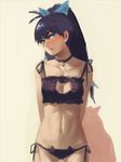  arms_behind_back bell black_hair blue_eyes blush cat_cutout cat_ear_panties cat_lingerie choker cleavage_cutout ear_blush ganaha_hibiki hair_ribbon highres idolmaster idolmaster_(classic) jingle_bell long_hair meme_attire navel panties ponytail ribbon side-tie_panties solo underwear underwear_only usukuchi_(impasto_life) 