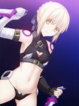  artoria_pendragon_(all) bandages bare_shoulders black_legwear black_panties blonde_hair boots cosplay dagger fate/apocrypha fate/stay_night fate_(series) fingerless_gloves gloves jack_the_ripper_(fate/apocrypha) jack_the_ripper_(fate/apocrypha)_(cosplay) looking_at_viewer lowleg lowleg_panties midriff navel panties saber_alter scar short_hair single_glove skylader solo thigh_boots thighhighs underwear weapon yellow_eyes 
