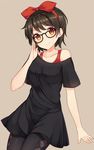  adjusting_eyewear argyle argyle_legwear bare_shoulders black_dress black_hair bow brown_eyes dress glasses hair_bow hairband hiiragi_hajime kiki looking_at_viewer majo_no_takkyuubin off_shoulder pantyhose short_hair short_sleeves simple_background smile solo 