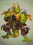  4_fingers 5_toes action_pose angry anthro armor biceps big_muscles blonde_hair claws clothing digital_media_(artwork) digitigrade fangs fingerless_gloves fist full-length_portrait gloves green_scales grey_background hair horn huge_muscles legband lizard looking_away male multicolored_scales muscular pants pecs portrait reptile scales scalie shirt simple_background solo standing tank_top toe_claws toes torn_clothing two_tone_scales unconvincing_armor vein white_eyes ymskk 