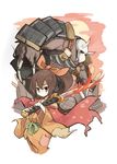  1girl armor bandages bow fire hair_between_eyes hair_bow highres horns huge_weapon japanese_clothes katana kimono looking_down monster original patches ponytail senhappyaku sidelocks skull sunset sword torn_clothes weapon 