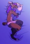  2016 anthro bed briefs bulge claws clothed clothing digital_media_(artwork) erection erection_under_clothes eyes_closed feline hair lying lynx male mammal mane morning_wood nowandlater penis pillow precum purple_hair short_tail sleeping smile solo spots strobes tenting toe_claws topless underwear 