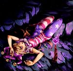  american_flag_dress american_flag_legwear blonde_hair clownpiece hat highres jester_cap long_hair lying momo_(baso4) no_wings on_back open_mouth pantyhose pink_eyes smile solo torch touhou very_long_hair 