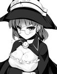  :| ai_takurou annoyed bangs breast_hold breasts brooch cleavage cloak closed_mouth flying_sweatdrops frills glasses greyscale hat jewelry kantai_collection large_breasts looking_at_viewer monochrome roma_(kantai_collection) semi-rimless_eyewear short_hair simple_background solo under-rim_eyewear upper_body v-shaped_eyebrows white_background witch_hat 