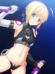  artoria_pendragon_(all) bandages bare_shoulders black_legwear black_panties blonde_hair boots cosplay dagger fate/apocrypha fate/stay_night fate_(series) fingerless_gloves gloves green_eyes jack_the_ripper_(fate/apocrypha) jack_the_ripper_(fate/apocrypha)_(cosplay) looking_at_viewer lowleg lowleg_panties midriff navel panties saber scar short_hair single_glove skylader smile solo thigh_boots thighhighs underwear weapon 