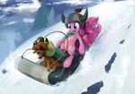  2015 blue_eyes bovine brown_fur clothing cloud cutie_mark duo equine female feral friendship_is_magic fur hair hat helmet hi_res horse lying mammal my_little_pony on_back open_mouth outside pink_fur pink_hair pinkie_pie_(mlp) pony rope scared scootiebloom sky sled smile snow tree yak young 