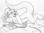  anthro barefoot bed cub cute_fangs dialogue female greyscale inside katie_kirster long_tail looking_away magazine mammal mizzyam monochrome mustelid nude on_bed open_mouth otter pencil_(artwork) phone ponytail solo stretching traditional_media_(artwork) webbed_feet webbed_hands young 