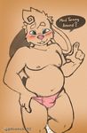  blue_eyes blush bulge clothed clothing diasuke77 english_text fur hair hi_res lagomorph looking_at_viewer male mammal navel open_mouth pink_nose rabbit slightly_chubby solo speech_bubble standing teeth text underwear watermark 