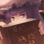  amino_(tn7135) bad_id bad_pixiv_id bags_under_eyes bangs blunt_bangs book book_focus commentary_request hat jitome long_hair looking_at_viewer mob_cap patchouli_knowledge peeking portrait purple_eyes purple_hair solo touhou 