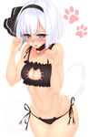  alternate_costume bell bell_choker black_bra black_choker black_hairband black_panties blush bra breasts cat_cutout cat_ear_panties cat_lingerie choker cleavage cleavage_cutout embarrassed eyebrows eyebrows_visible_through_hair hairband hips jingle_bell konpaku_youmu looking_at_viewer medium_breasts meme_attire navel nose_blush open_mouth panties paw_pose paw_print rukitsura short_hair side-tie_panties silver_hair simple_background solo touhou underwear underwear_only white_background 