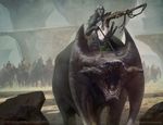  anastasia_ovchinnikova army digital_media_(artwork) dutch_angle feral front_view horn humanoid knight kor magic_the_gathering monster official_art open_mouth perspective pointing quadruped reins riding roaring sharp_teeth teeth 