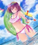  ;p aiming bangs bikini blurry breasts brown_eyes brown_hair cloud day depth_of_field dutch_angle foreshortening frilled_bikini frills holding horizon ilog innertube lens_flare looking_at_viewer medium_breasts navel ocean one_eye_closed outdoors pink_bikini shiawase_usagi short_hair side-tie_bikini sky solo sunlight swimsuit tongue tongue_out wading water water_drop water_gun 