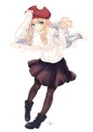  beret black_legwear blonde_hair boots green_eyes hand_on_headwear hat long_hair pantyhose pom_pom_(clothes) ribbed_sweater shawl sidelocks signature skirt sleeves_past_wrists smile solo sweater yano_takumi 