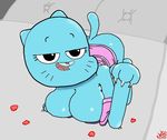  anthro bed bedroom_eyes blue_fur breasts butt cat claws cleavage clothed clothing feline female fur half-closed_eyes low_res mammal mature_female mother nicole_watterson on_bed parent rose_petals seductive solo teasing the_amazing_world_of_gumball 