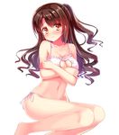  blush breast_hold breasts brown_eyes brown_hair cat_cutout cat_lingerie cleavage cleavage_cutout highres idolmaster idolmaster_cinderella_girls long_hair looking_at_viewer medium_breasts meme_attire navel one_side_up panties sakurano_yukke shimamura_uzuki side-tie_panties simple_background smile solo underwear white_background 