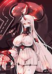  breasts claws cleavage covered_mouth detached_sleeves dress highres horn kantai_collection large_breasts long_hair looking_at_viewer pale_skin red_eyes ribbed_dress seaport_hime shinkaisei-kan short_dress sketch solo sweater sweater_dress torn_clothes very_long_hair white_hair yuzuki_gao 