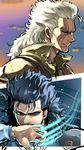  blind blue_background blue_eyes blue_hair focused hokuto_no_ken jacket long_hair male_focus multiple_boys murasaki_no_ryuuki rei_(hokuto_no_ken) scar scar_across_eye shoulder_pads shuu_(hokuto_no_ken) silver_hair speed_lines sunset yellow_jacket 