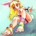  animal_ears anklet barefoot blonde_hair blush bow bowtie breasts bunny_ears bunny_girl bunny_tail bunnysuit cleavage detached_collar feet flower freckles green_hairband hair_flower hair_ornament hairband jewelry legs long_hair medium_breasts original purple_eyes smile solo tail toenail_polish toes tsukiyono_aroe wrist_cuffs 
