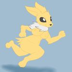  anthro barefoot black_eyes black_nose breasts canine eeveelution fur head_tuft jolteon mammal multicolored_fur nintendo nipples nude pok&eacute;mon posexe running simple_background smile solo tuft video_games white_fur wide_hips yellow_fur 