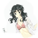  absurdres amagami black_hair bra breasts character_name cleavage collarbone dress_shirt eve_&amp;_leda grey_eyes highres long_hair looking_at_viewer messy_hair midriff navel open_clothes open_shirt pink_bra shirt simple_background sketch small_breasts smile solo tanamachi_kaoru underwear white_background 