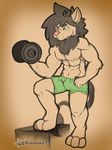  3_toes abs canine clothed clothing diasuke77 exercise feline green_eyes hi_res hybrid lion male mammal mane muscular muscular_male one_eye_closed pink_nose simple_background solo standing toes watermark weightlifting weights wolf workout 