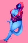  alien big_breasts blue_eyes blue_hair blue_skin bottomless breasts clothed clothing female hair hoodie huge_breasts mirabelle multicolored_hair pink_background purple_hair riendonut simple_background solo two_tone_hair 