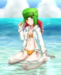  beach bikini blush breasts day fur_hat genderswap genderswap_(mtf) green_eyes hand_on_headwear haruja hat highres hood hoodie in_water kyle_broflovski long_hair medium_breasts ocean orange_bikini orange_hair smile solo south_park swimsuit ushanka 