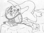  anthro barefoot bed cub cute_fangs dialogue female greyscale illustration inside katie_kirster leaning_on_elbow long_tail looking_away lying magazine male mammal mizzyam monochrome mustelid nude on_bed on_front open_mouth otter pencil_(artwork) phone ponytail solo traditional_media_(artwork) webbed_feet webbed_hands young 