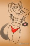  &lt;3 brown_eyes brown_nose bulge canine clothed clothing diasuke77 fur hair hi_res male mammal muscular muscular_male one_eye_closed simple_background speech_bubble underwear watermark wolf 