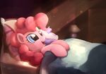  2015 bed blanket blue_eyes doll equine female feral friendship_is_magic fur hair hi_res horse inside lamp lying mammal my_little_pony on_back open_mouth pillow pink_fur pink_hair pinkie_pie_(mlp) pony scootiebloom smile solo 