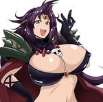  breasts cape circlet cleavage covered_nipples fang gloves grey_eyes hair_intakes hand_on_hip highres jewelry large_breasts long_hair looking_at_viewer naga_the_serpent necklace purple_hair shoulder_spikes simple_background slayers smile solo spikes torii5011 white_background 