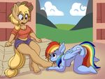  2016 all_fours anthro anthrofied applejack_(mlp) barefoot barn blonde_hair breasts clothed clothing cutie_mark duo earth_pony equine female female/female foot_fetish freckles friendship_is_magic hair hat hay_bail horse licking long_hair mammal multicolored_hair my_little_pony navel nude omega256 open_mouth pegasus plantigrade pony rainbow_dash_(mlp) rainbow_hair shirt shorts sitting surprise tongue tongue_out translucent_hair wings 