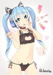  animal_ears aqua_eyes bell bell_collar blue_hair blush cat_cutout cat_ear_panties cat_ears cat_lingerie choker cleavage_cutout collar cowboy_shot hatsune_miku headset jingle_bell kureha_(angelite) long_hair meme_attire navel panties side-tie_panties solo twintails twitter_username underwear underwear_only vocaloid 