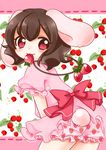  :3 absurdres animal_ears bloomers bow brown_hair bunny_ears bunny_tail eyebrows eyebrows_visible_through_hair floral_background flower food food_in_mouth food_print frilled_sleeves frills from_behind fruit fruit_background highres inaba_tewi jewelry looking_at_viewer looking_back necklace pink_eyes puffy_short_sleeves puffy_sleeves raspberry s-s_(ss) short_sleeves solo strawberry strawberry_print tail touhou underwear 