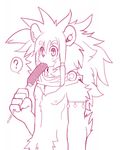  ? eating feline food holding_food holding_object leo_(whiteleo) line_art lion looking_away mammal mane monochrome mostly_nude nipples pecs scarf speech_bubble standing suggestive suggestive_food whiteleo young 