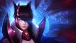  ahri animal_ears backlighting black_hair blue_fire breasts cleavage commentary electricity energy fire fox_ears fox_tail hair_over_one_eye happy_birthday highres janyhero league_of_legends lens_flare light_trail lips long_hair looking_at_viewer medium_breasts multiple_tails nose reflective_eyes shiny shiny_hair solo tail texture upper_body whisker_markings yellow_eyes 