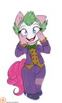  2015 alasou anthro anthrofied batman_(series) blue_eyes clothing cosplay earth_pony equine face_paint female friendship_is_magic green_hair grin hair hi_res horse mammal my_little_pony patreon pinkie_pie_(mlp) pony simple_background smile solo the_joker 