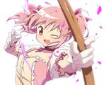  ;d bad_id bad_pixiv_id blurry bow_(weapon) buttons choker depth_of_field ear frilled_sleeves frills gloves hair_ribbon jewelry kaname_madoka koitsu_(blue) magical_girl mahou_shoujo_madoka_magica one_eye_closed open_mouth pink_eyes pink_hair ribbon short_sleeves short_twintails simple_background smile solo twintails upper_body weapon white_background white_gloves 