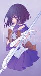  bishoujo_senshi_sailor_moon black_hair bow brooch brown_bow choker cowboy_shot earrings eclosion elbow_gloves expressionless gloves holding holding_staff jewelry looking_away magical_girl pleated_skirt purple purple_background purple_eyes purple_sailor_collar purple_skirt sailor_collar sailor_saturn sailor_senshi_uniform short_hair skirt solo staff star star_choker tiara tomoe_hotaru white_gloves 